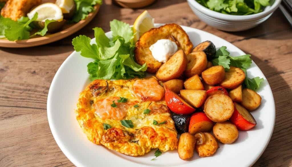 smoked salmon frittata with side dishes