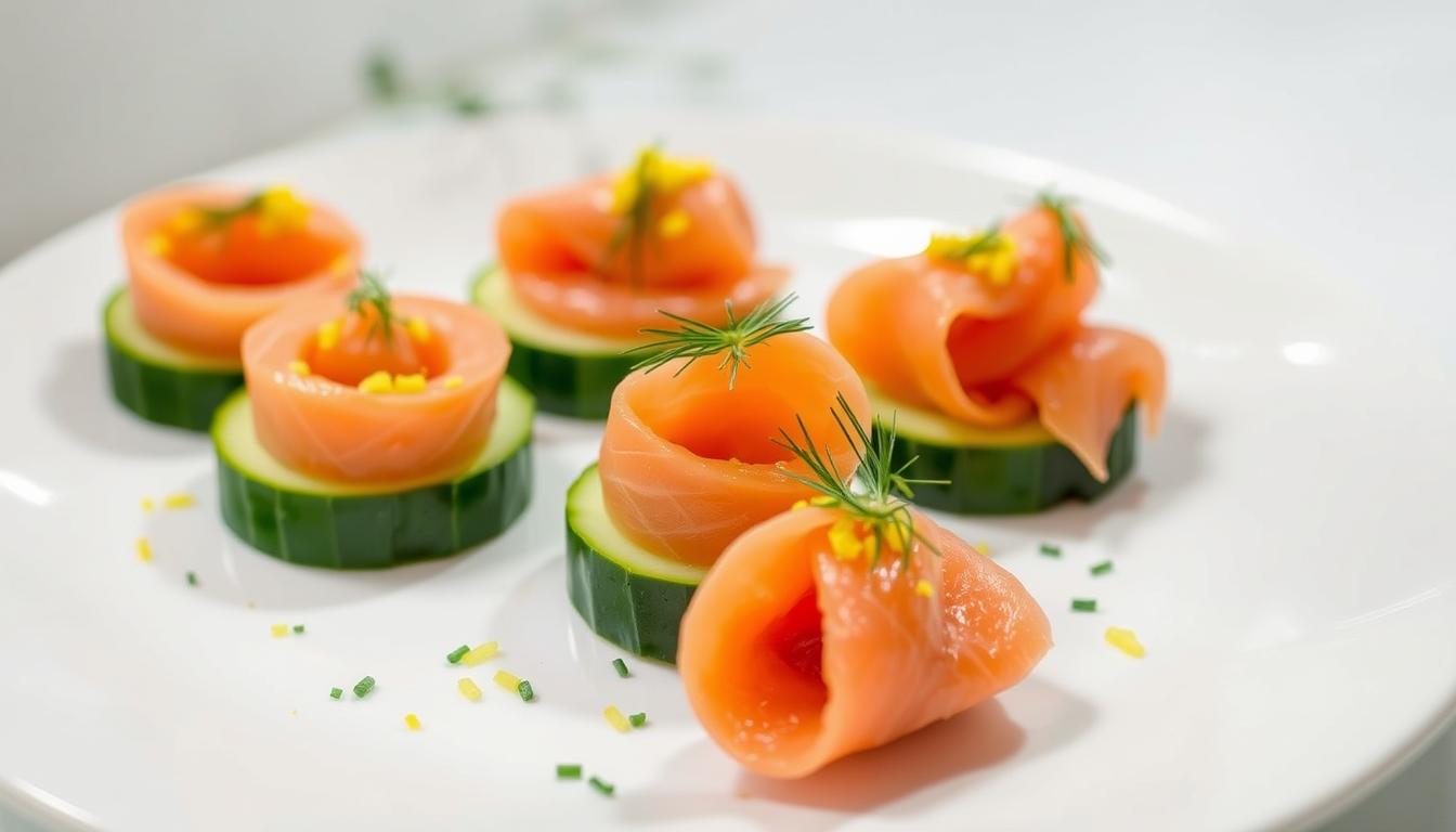 Chatelaine smoked salmon roll on cucumber