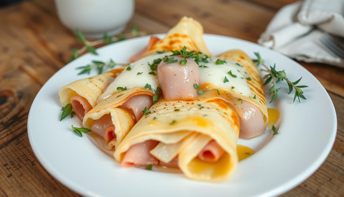 "Savory Breakfast Crepes with Ham and Cheese Recipe"