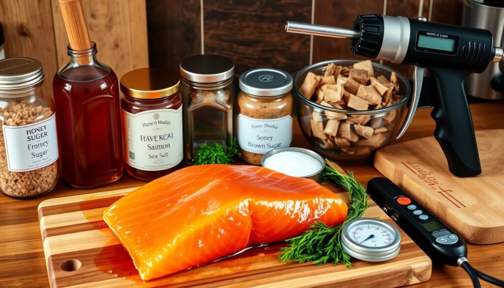 honey smoked salmon ingredients and tools